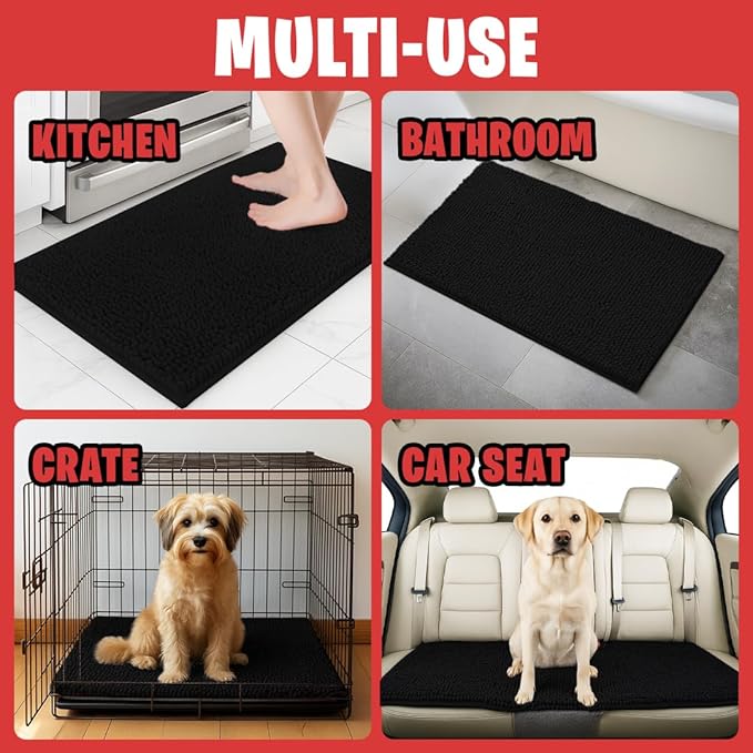 MudGuard Mat™ Dog Door Mat for Muddy Paws, Super Absorbent Microfiber, Non-Slip Indoor Mat, Quick Dry Chenille Mud Mat for Dogs & Entryway, Washable, Black 24" x 36"