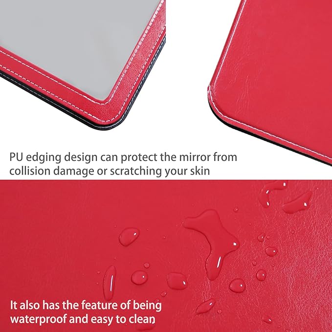 Travel Mirror for Desk, 5.3×6.9” Adjustable Rectangle PU Edge Covering Red Foldable Desk Mirror with Stand for Travel Camping Home (Red)