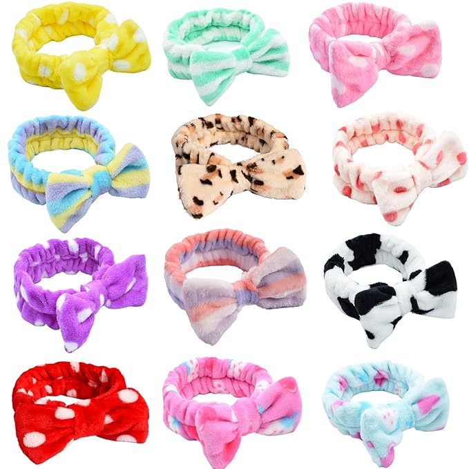 12pcs Spa Headband Soft Bowknot Spa Hair Band Coral Fleece Headband Makeup Headbands for Face Washing Skin Care Shower Yoga Headwraps for Women Girls (Pattern D)