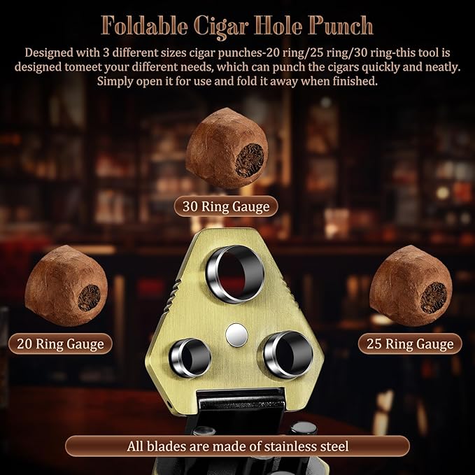 TISFA Cigar Punch Tool, Cigar Punch Cutter with Cigar Holder 2 in 1, Foldable 3 Sizes Cigar Hole Punch and 3 Cigar Stand Cigar Kit, Multifunctional Stainless Steel Puncher with Gift Box (Bronze)