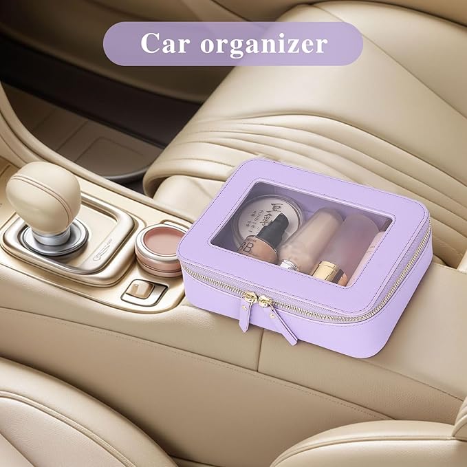 Clear Travel Makeup Bag with Brush Case Portable Transparent Cosmetic Bag and Toiletry Bag Waterproof Makeup Organizer with Zipper Car Essential for Women (Purple, M+Slim)