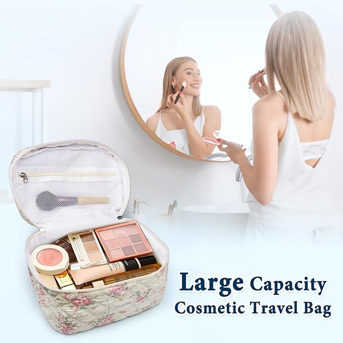 VIWIME Makeup Cosmetic Bag, Large Cotton Quilted Travel Coquette Aesthetic Cute Floral Make up Bag for Women Toiletry Bag Organizer (207- Pink Flower)