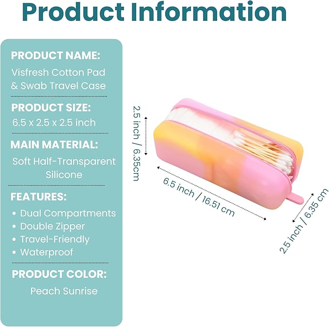 Cotton Pad Swab Travel Case – 2-in-1 Portable Waterproof Qtips Dispenser for Cotton Square Pad & Qtip, Floss, Bobbi Pin, Nail Kit, Hair Accessories Organizer TSA Compliance (Peach Sunrise)
