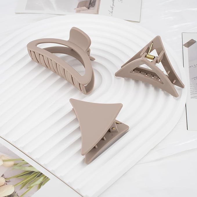 COZYISLE Neutral Tones Hair Accessories Set - 9 Medium Hair Clips (Arched & Triangle), 1 Hair Brush | Non-Slip Hair Clips for Thin Hair (Soft Pink, Beige, Brown)