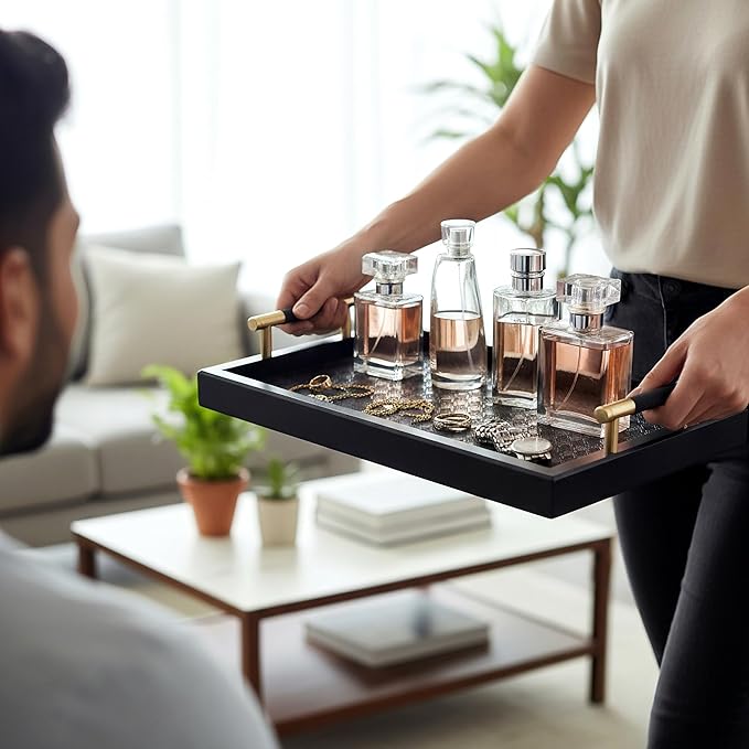 Bamboo Vanity Tray for Dresser - 13.4" Black Gold Catchall Organizer for Cologne, Perfume, Cosmetics, Jewelry, Candle, Watch, Key - Decorative Valet Tray for Living room, Bathroom, Bedroom, Countertop