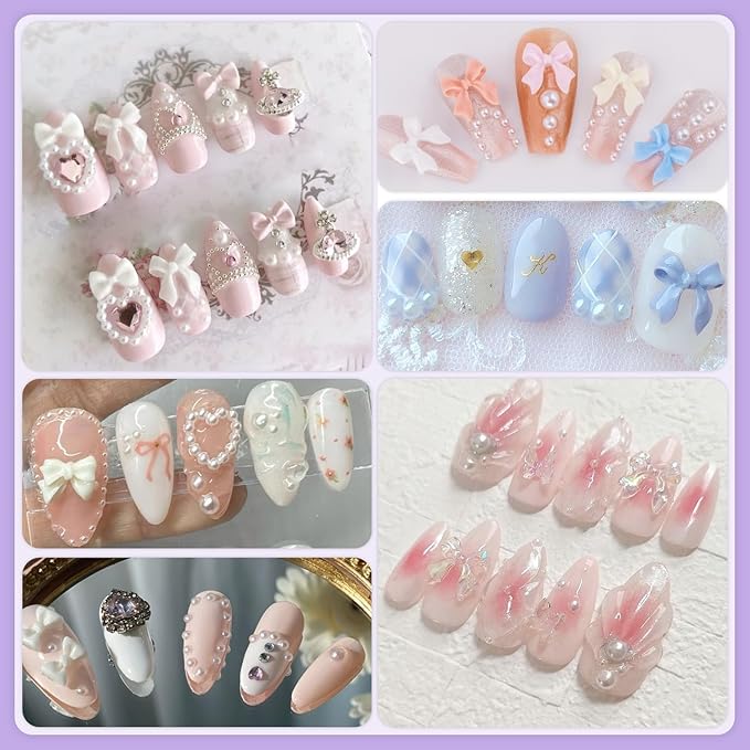 1 Box 3D Bow Charms & Flatback Pearls Set - 120 Pcs Cute Bow Charms in 6 Colors + 2-4mm White Nail Pearls with Pickup Tweezer & Pencil for Nail Art Decoration