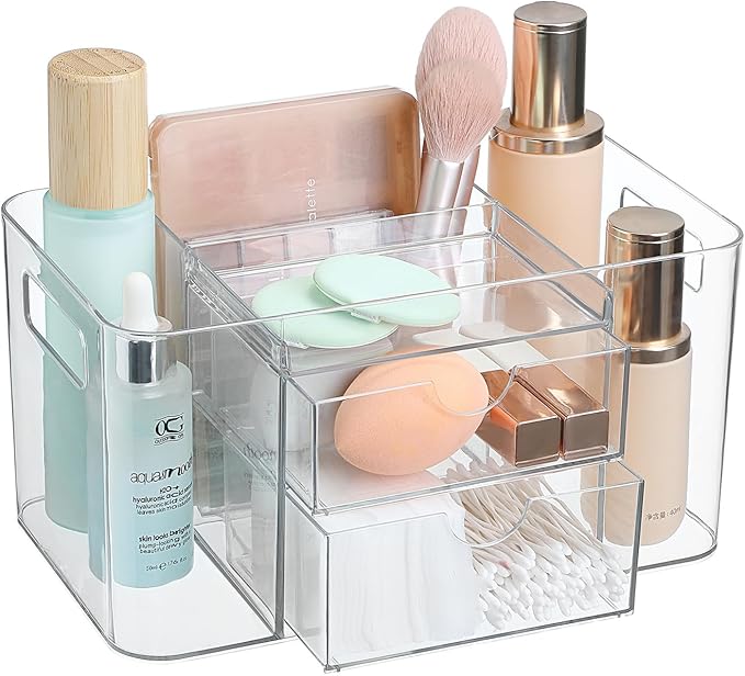 2-Drawer Hair Accessories Organizer, Large Capacity Clear Acrylic Vanity Organizer with 3 Compartments, Hair Brush Holder for Hair Ties, Clips, Scrunchies and Bobby Pins