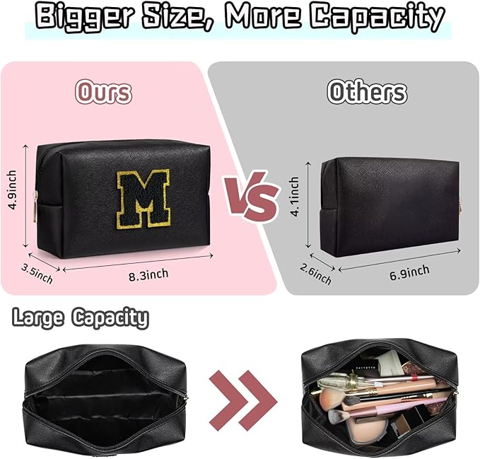 TOPEAST Birthday Gifts for Girls, Travel Makeup Bag Chenille Letter Pouch Cosmetic Bag, Makeup Travel Organizer, Monogrammed Bridesmaid Gifts for Women, Cute Stuff for Girls (Black J)