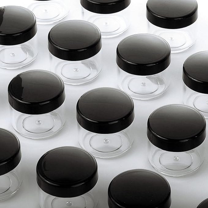 Refillable Cosmetic Sample Jars - 100 Pack 15g (0.5oz) Black Small Travel Containers with Lids + 10 Mini Makeup Spatulas - BPA Free