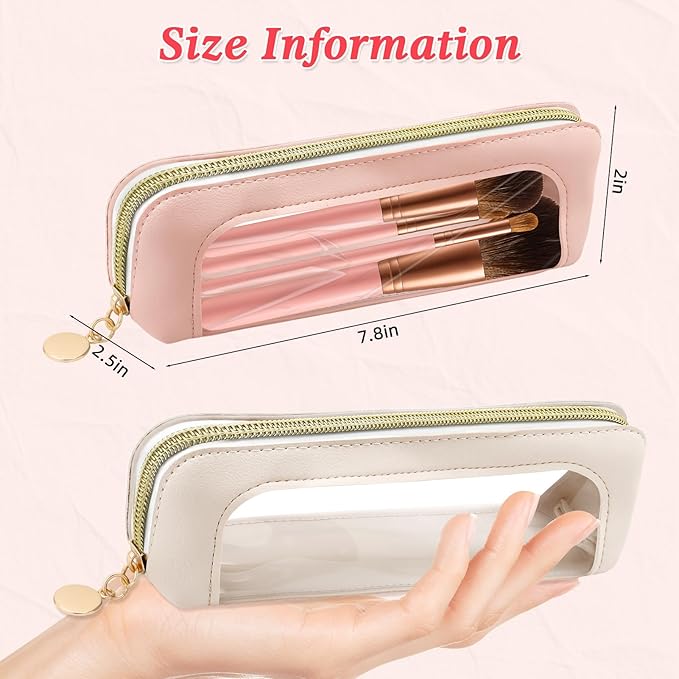 2Pcs Clear Makeup Brush Bag Makeup Bag PU Leather Small Cosmetic Bags Toiletry Bags for Women Portable Waterproof Brush Holder Slim Cosmetic Pouch Travel Pouch with Zipper (Pink&White)