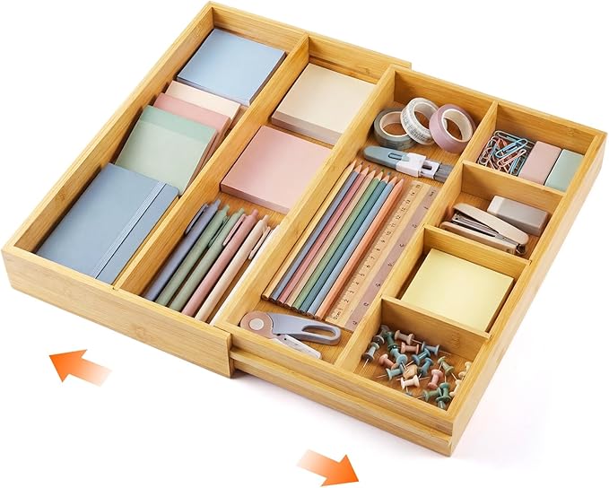1 Pcs Bamboo Desk Drawer Organizer Wood 2 Inch Height Expandable Drawer Organizer Trays with 7 Adjustable Compartments Desk Accessories for Makeup Silverware Office Bathroom(Wood, Stylish)