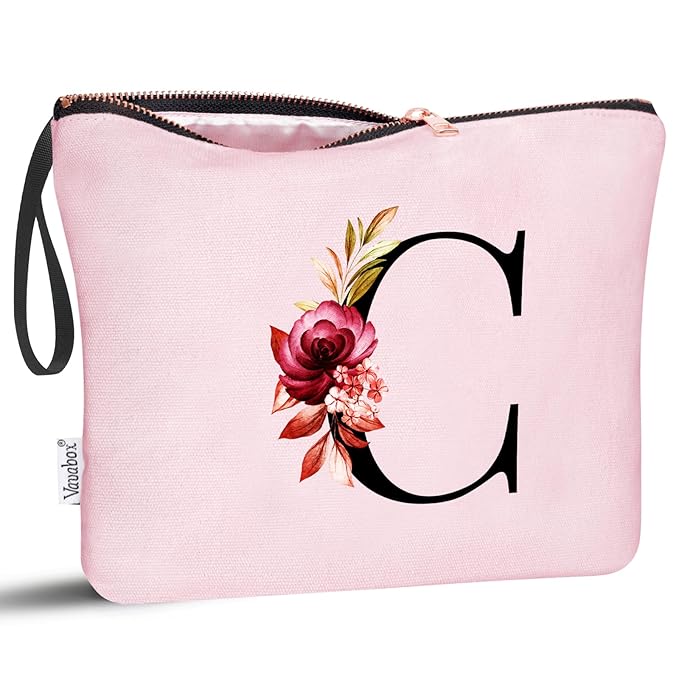 Vavabox A-Z Personalized Makeup Bag, Birthday Gifts for Women Mom, Gifts for Best Friend, Bride Bridesmaid Cosmetic bag (C, Pink)