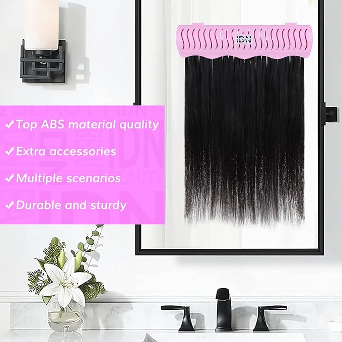 IDN BEAUTY Hair Extension Holder Stand for Styling, 4 Installation Modes With Tool, Hair Extension Holder Designed to Securely Hold Your Extensions for Washing, Styling, Packing and Storing (Pink)