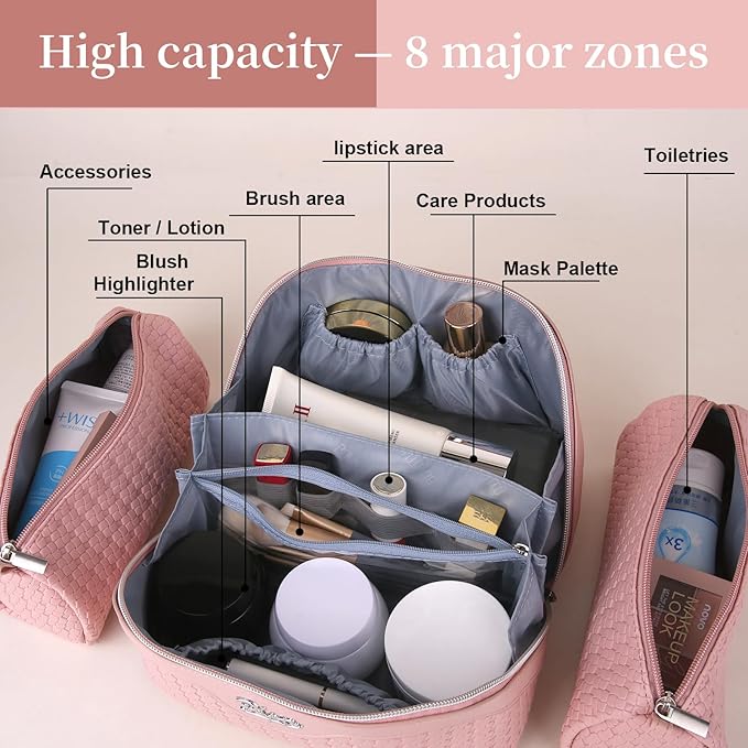 BOYATU Travel Makeup Bag Cosmetic Bags for Women: Large Capacity 3 Pcs Set Make up Bag with Compartments - Waterproof Vegan Leather Toiletry Organizer Bags with Handle (L17 Pink)