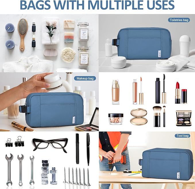 NOL Natural Organic Lifestyle Nylon Waterproof Makeup Bag Lightweight Travel Toiletry Bag for Adults, Reusable, Zip Closure with Buckle Handle, Snack Bag, Travel Cosmetic Bag, Dusty blue