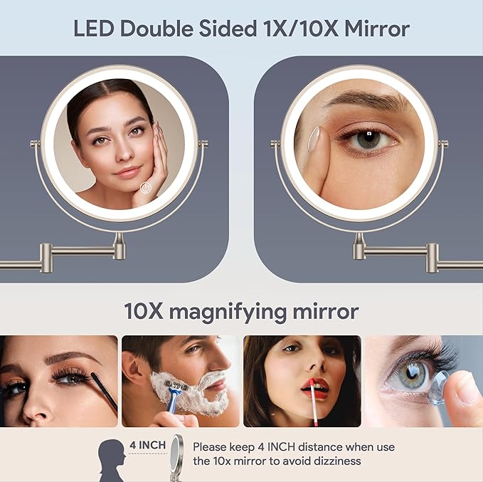Rocollos 9" Wall Mounted Lighted Makeup Mirror, Large Double Sided 1X/10X Magnifying Mirror, 3 Color LED Vanity Mirror, Touch Dimmable 360° Swivel Light Up for Bathroom