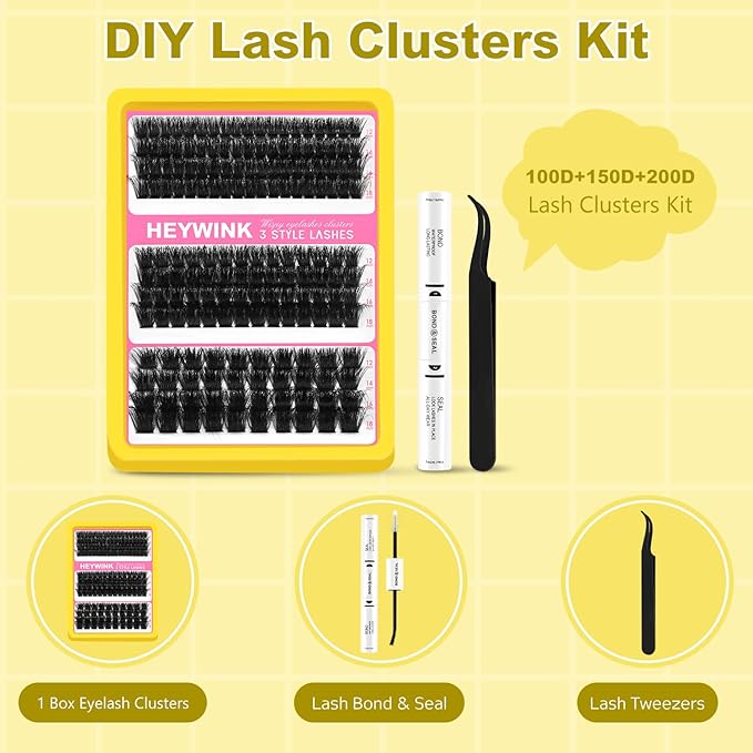 Lash Extension Kit Thick Cluster Eyelash Extensions 100D 150D 200D 12-18mm Lash Clusters Kit Individual Lash Extensions Kit DIY Lashes Clusters Extension at Home (100D+150D+200D 12-18MM Kit)