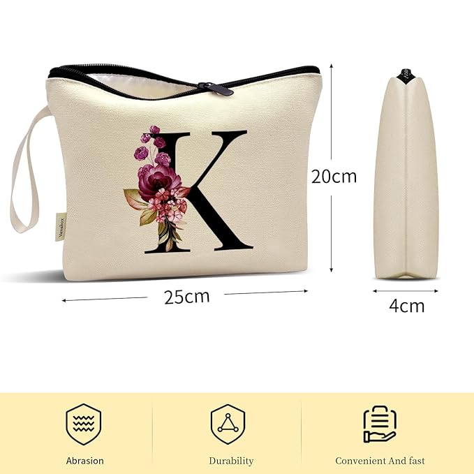 Vavabox A-Z Personalized Makeup Bag, Birthday Gifts for Women Mom, Gifts for Best Friend, Bride Bridesmaid Cosmetic bag (K, Yellow)