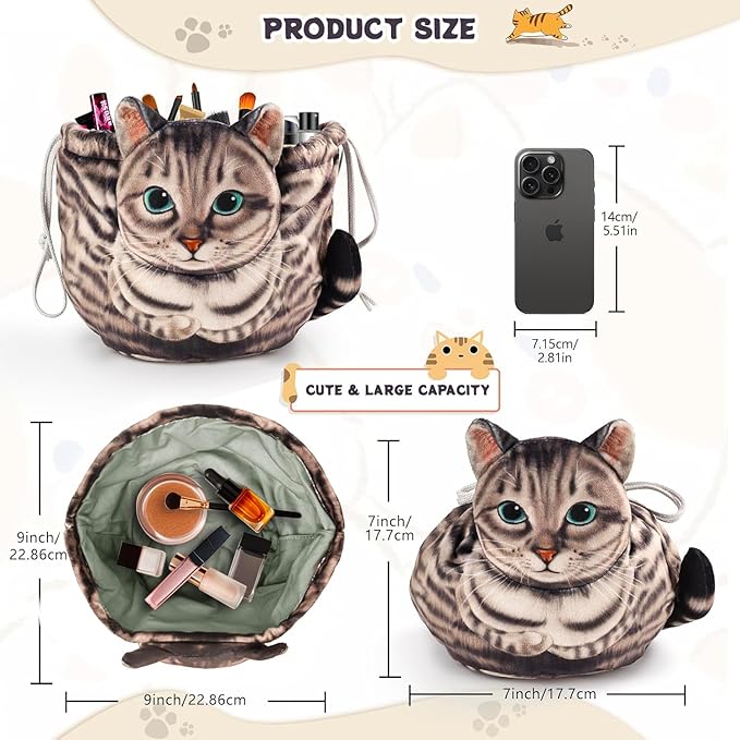 Openhaha Drawstring Travel Organizer, Cosmetic Pouch - Cat Gift, Lay Flat Makeup Bag Gifts for Cat Lovers