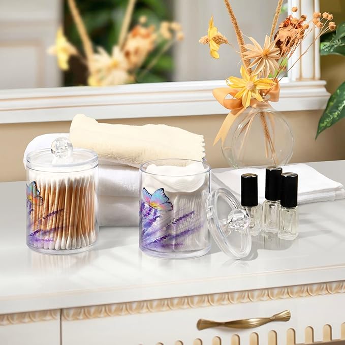 4 Pack Qtip Holder Dispenser Lavender Butterfly Purple Bathroom Storage Canister Lid Acrylic Plastic Apothecary Jar Set Vanity Makeup Organizer for Cotton Swab/Ball/Pad/Floss