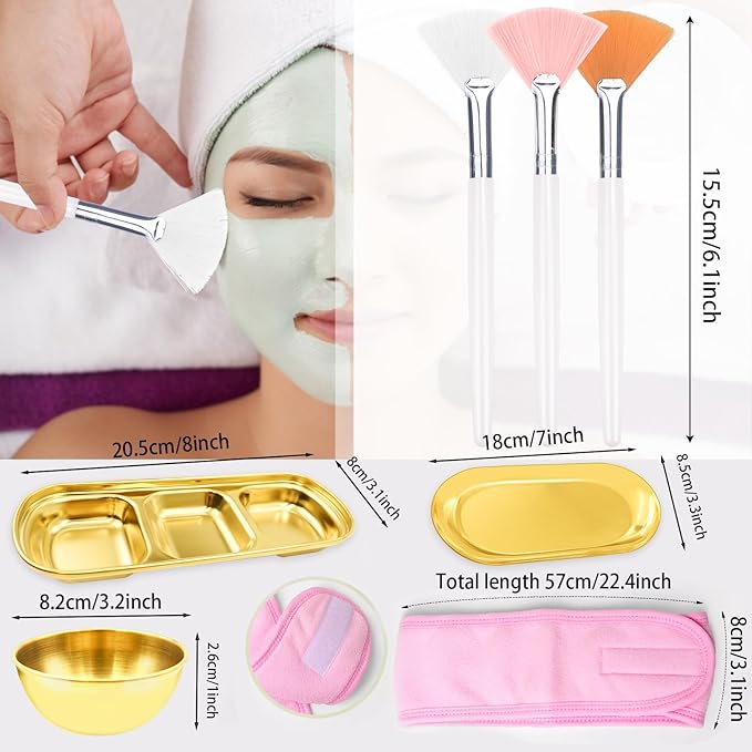 15 Pcs Esthetician Facial Supplies Set Stainless Steel Mixing Bowls Facial Headbands Cosmetic Fan Brushes Gold Small Serving Tray 3 Compartment Serving Tray for Mud Cream Makeup Peel Face Cleansing