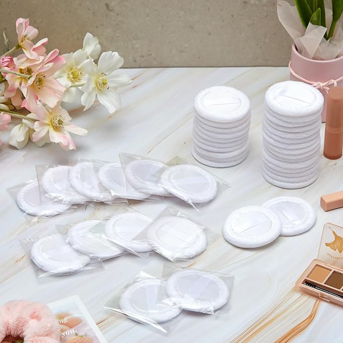 100 Pcs Cotton Powder Puffs Washable Bulk 2.36 Inch White Round Cosmetic Face Makeup Soft Puffs with Ribbon for Loose and Pressed Powder Body Cosmetic