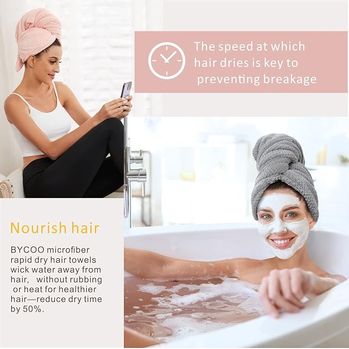 2 Pack Large Microfiber Hair Towel Wrap for Women, Anti Frizz Hair Drying Towels, Fast Dry Hair Turban - for Wet, Long, Thick, Curly Hair - Super Absorbent Soft Towels - Gray & Pink