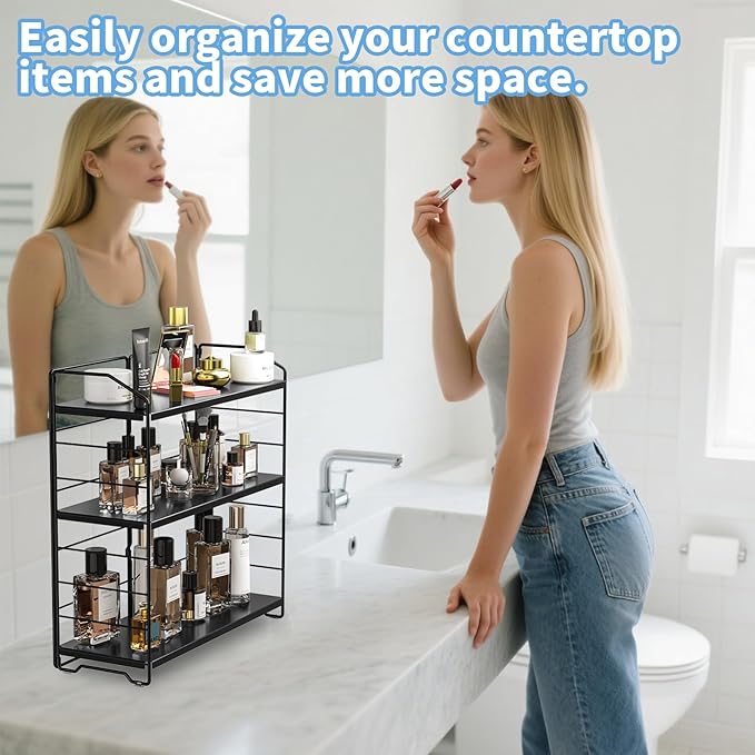 Bathroom Counter Organizer, Makeup Organizer Countertop, Countertop Storage Shelf for Bathroom Storage, Vanity, Large Skincare, Perfume, Black 3 Tier