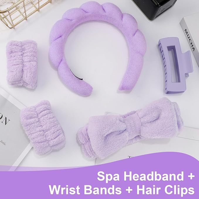 Canitor Spa Headband Wrist Bands Set with Hair Clips Skincare Washing Face Skin Care Puffy Makeup Preppy Teen Girl Gifts Cute Trendy Stuff Fashion Hair Accessories for Women (purple)