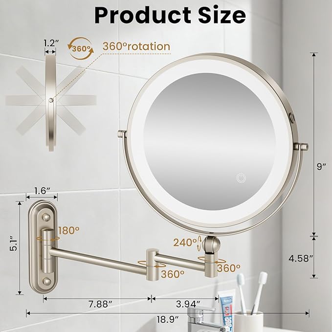 9" Wall Mounted LED Lighted Makeup Vanity Mirror - 4000mAh Rechargeable Double Sided 1X/30X Magnifying Mirror, 3 Color Lights Touch Dimmable, Height Adjustable Extended Arm 360° Swivel Bathroom Mirror