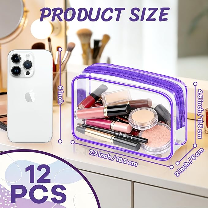 Clear Cosmetic Bag Transparent Makeup Bag for Women Men Waterproof Travel Makeup Clear Toiletry Organizer Cosmetic Storage Pouch Case with Zipper (12, Purple, Medium)