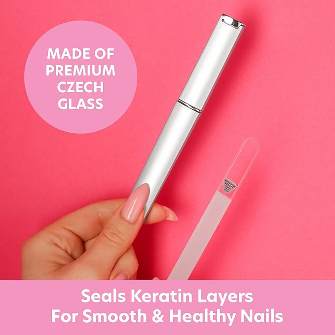 Bona Fide Beauty Czech Glass Nail Files for Natural Nails (Clear) - 1Pc Crystal Nail Filer, Nano Glass File with Case Handcrafted in The Czech Republic