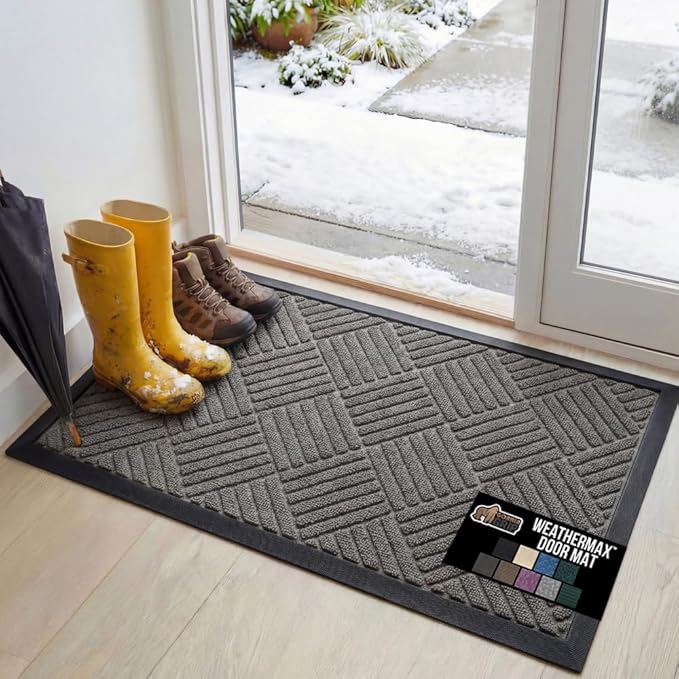 GORILLA GRIP 100% Waterproof All-Season WeatherMAX Doormat, 47x35, US Designed Natural Rubber, Stain and Fade Resistant, Low Profile Indoor Outdoor Door Mats, Easy Clean Patio Mat, Gray Diamond