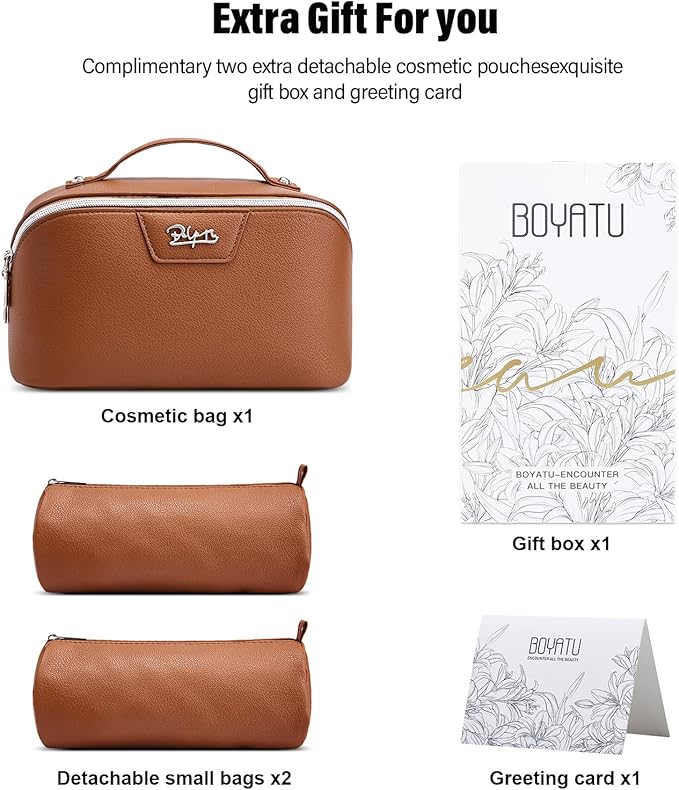 BOYATU Travel Makeup Bag Cosmetic Bags for Women: Large Capacity 3 Pcs Set Make up Bag with Compartments - Waterproof Vegan Leather Toiletry Organizer Bags with Handle (N-66Brown)