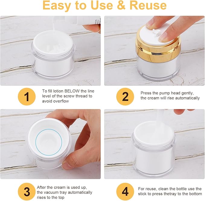 1.7/1/0.5oz Refillable Cosmetic Moisturizer Airless Pump Jar 3 Pack Bottles Travel TSA Size for Cream, Gels and Lotion with 2 Silicone Cream Jars BPA-Free