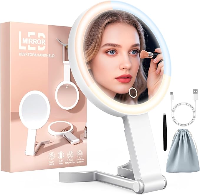 Travel Makeup Mirror with 3 Color Lights, 15X/1X Double Sided Lighted Magnifying Mirror, Portable Handheld Mirror, Gift For Women 3 in 1 Tabletop/Handheld/Hanging, Home, Office, Trip Gifts For Her
