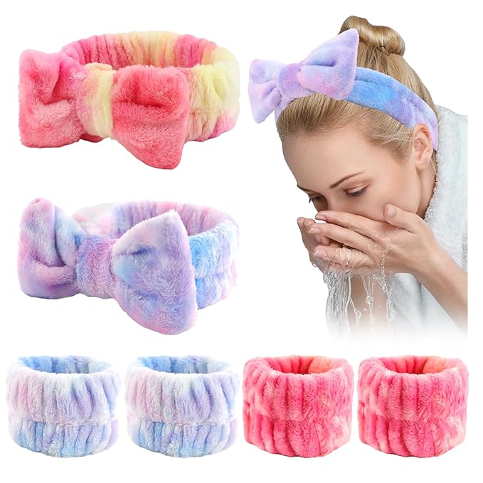 WHAVEL 8PCS Spa Headband and Wristbands Set, Face Wash Headband Wrist Bands for Washing Face Skincare Makeup Hair Band Skin Care Accessories Tools，Tie-dye 2