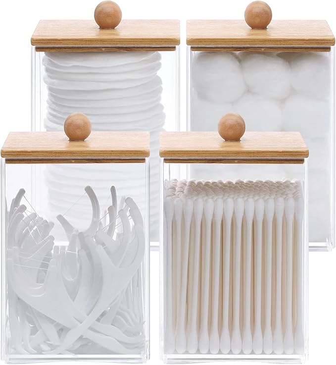 Tbestmax 12 OZ Cotton Swab/Ball/Pad Holder, Qtip Apothecary Jar, Clear Bathroom Containers Dispenser for Storage 4 Pack Wood Lids