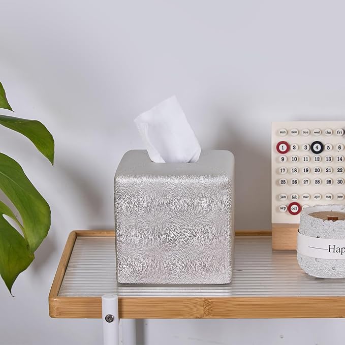 Silver Square Tissue Box Cover,Resin Heavy Sturdy Tissue Box Holder, Facial Paper Holder for Bathroom Vanity Countertop,Bedroom Night Stand,Office and End Table