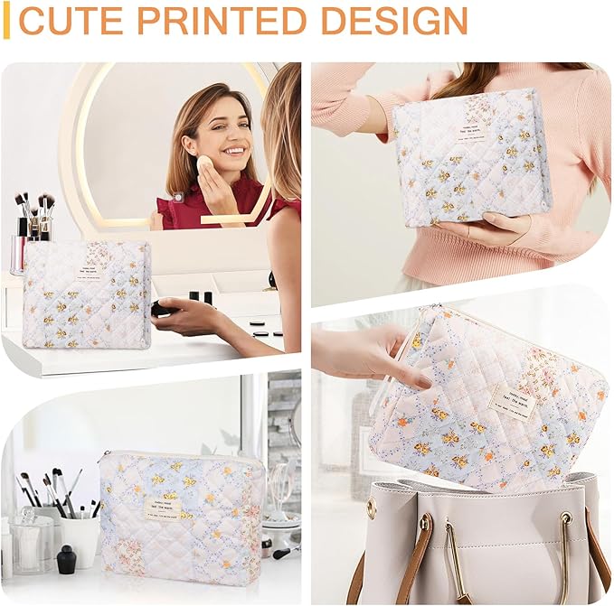 Gosect Floral Makeup Bag, Small Cosmetic Bag for Women Girls, Cute Cotton Makeup Bag, Quilted Makeup Bags, Flower Travel Toiletry Organizer Bag(Folk Style)