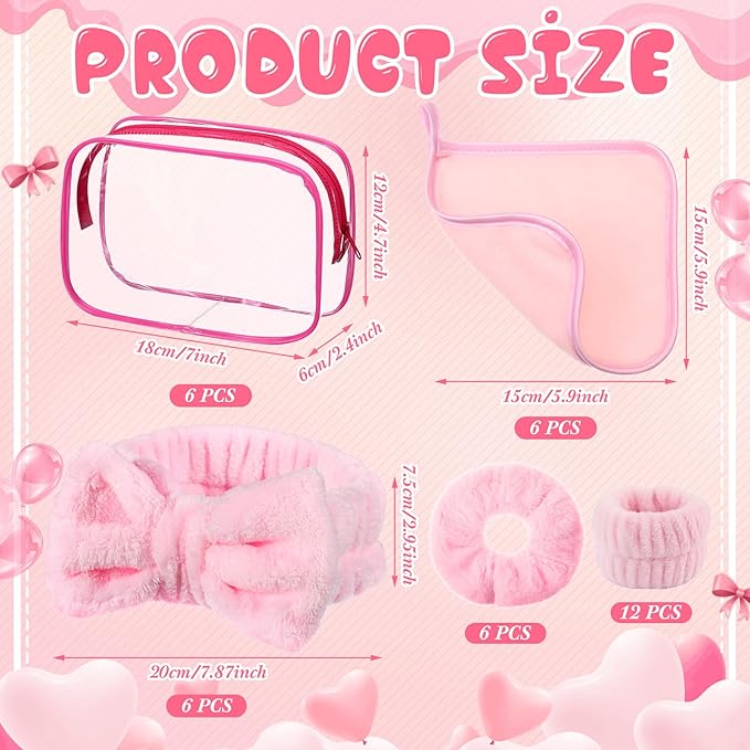 Hoteam 36 Pieces Galentines Spa Party Supplies for Girls Sleepover Party Supplies 6 Spa Headband 6 Wristband 6 Velvet Scrunchies 6 Makeup Remover Cloth 6 Clear Cosmetic Bags for Skincare