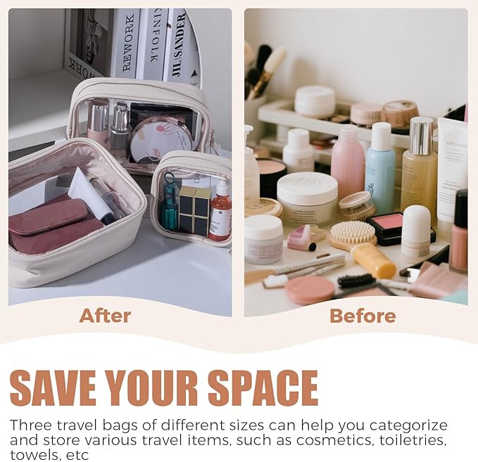 BS-MALL 3 Pack Travel Size Clear Toiletry Bag - Waterproof Makeup Organizer For Brushes & Eye Shadow -Gift Bags For Daily Use & Travel Essentials