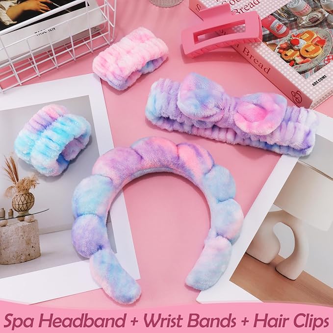 Canitor Spa Headband Wrist Bands with Hair Clips Skincare Makeup Self Skin Care Washing Face Vanity Accessories Things Teens Teenager Tween Clean Girl Gifts Cute Tie Dye Trendy Stuff