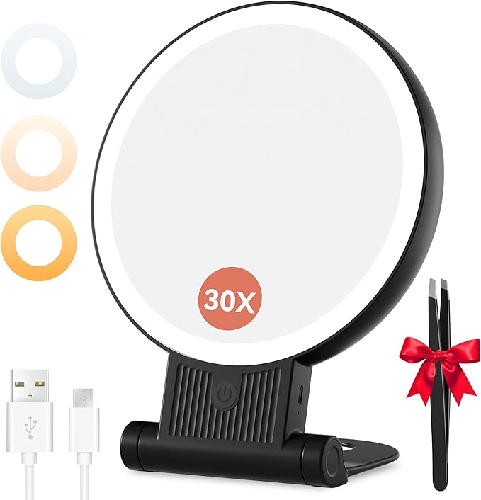 1X/30X Magnifying Mirror with Light, Double Sided Makeup Mirror with Adjustable 3 Color Light, 2000mAh Rechargeable Lighted Magnifying Mirrors with Tweezer, Foldable Travel Mirror with Rotation