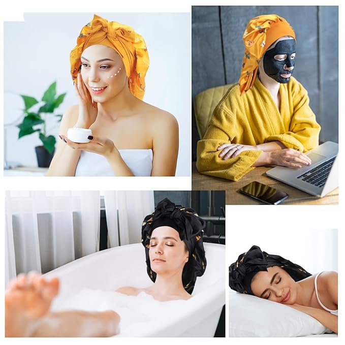 Arqumi Pack of 2 Satin Sleeping Bonnet, Large Satin Sleep Bonnet, Long Strap, Adjustable Sleep Cap Hair Bonnet, Butterfly Pattern Black+Yellow