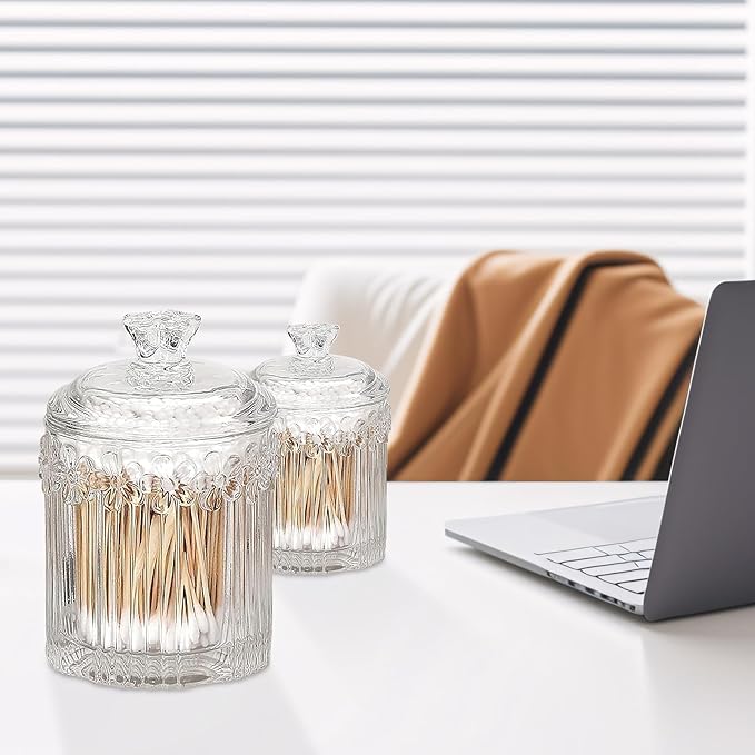PENCK 2pcs Elegant Glass Qtip Holder Cute Apothecary Jars with Lid Stylish Hair Ties Candy Jar Bathroom Canister Essentials Accessories Decor Makeup Storage Organizer for Cotton Swabs, Balls (Clear)