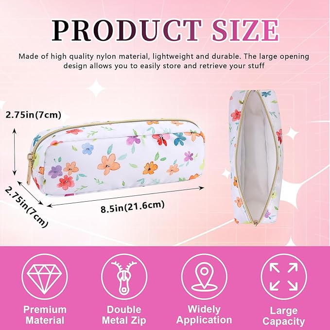 Nylon Floral Small Makeup Bag Slim Pouch, Cute Preppy Makeup Brush Bag Portable Make up Pouch with Zipper, Waterproof Travel Toiletry Bag Coin Purse Storage Organizer for Women Girls(Fringed Iris)