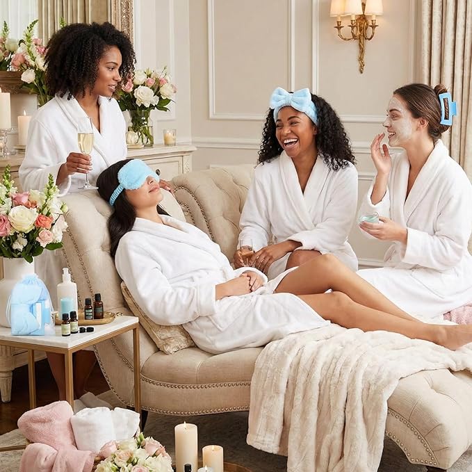 48 Pcs Galentine Spa Party Supplies Sleepover Essentials 12 Spa Headband 12 Plush Eye Mask 12 Claw Clips 12 Organza Bag for Adult Slumber Party Supplies Valentine Gift(Blue)