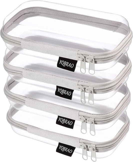 YQBRAO 4-Pack Clear Hard Shell Zipper Case, 1.2mm Ultra-Thick Diaper Bag Organizer Pouches, Rigid Self-Standing Travel Makeup Bags with YKK Zippers, TSA Approved, Gray
