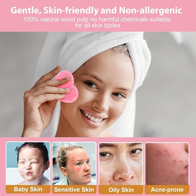 60-Count Compressed Facial Sponges With Container, Heart Shape Face Sponge, 100% Natural Pads for Cleansing, Massage, Pore Exfoliating Mask, Makeup Removal (Pink)
